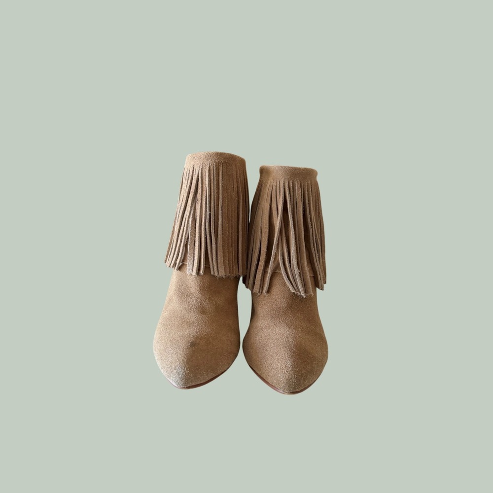 Chinese Laundry Arctic Tan Suede Fringe Wedge Booties Pointed Toe Size 6.5 - Picture 2 of 8